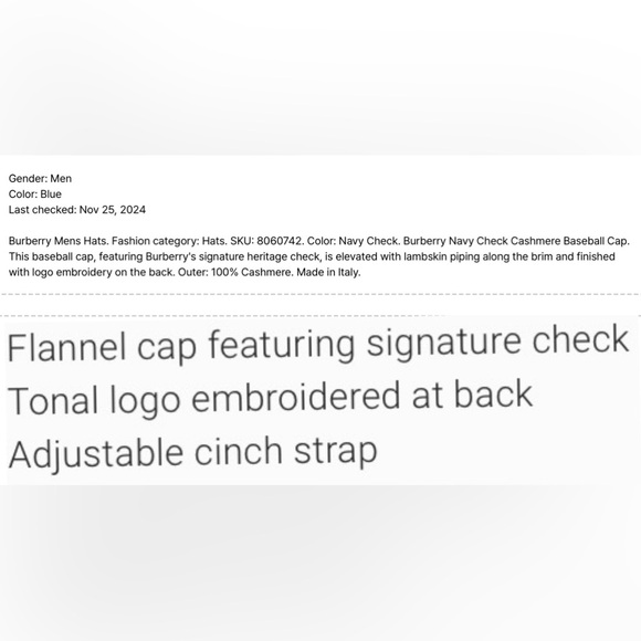 BURBERRY CASHMERE NAVY SIGNATURE CHECKERED PATTERN UNISEX BASEBALL CAP - Picture 12 of 16